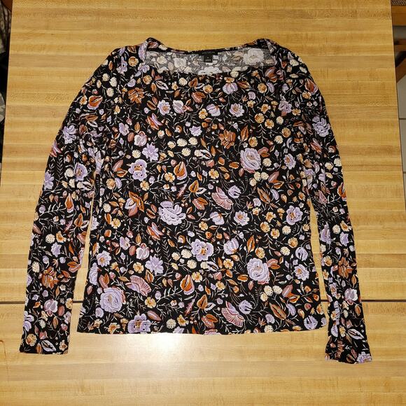 Ann Taylor Women's Medium Floral Print Blouse Black Multi Stretch - Picture 5 of 6
